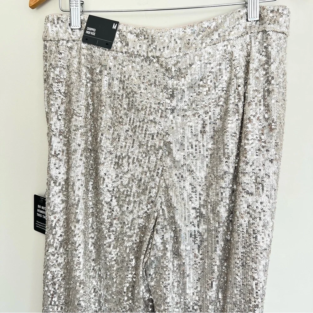 ♦️SOLD♦️EXPRESS Sequined Pleated High Rise Cropped Wide Leg Trousers Pants Sz M - Picture 9 of 16